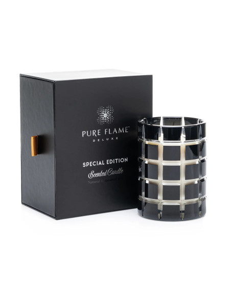 Ypatingai kvepianti žvakė PURE FLAME Deluxe ENCENS BOIS PRÉCIEUX CRYSTAL BLACK EDITION, 350g