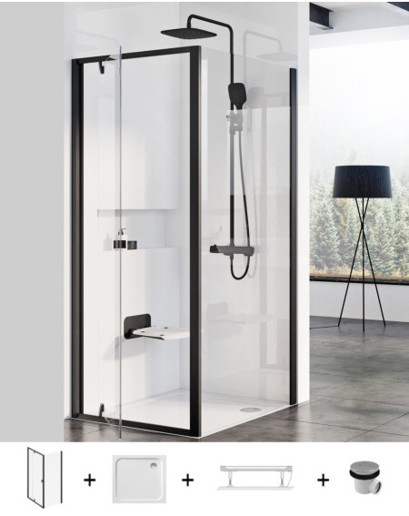 Ravak Pivot PDOP1 + PPS dušo komplektas 5in1, 90x90, juodos spalvos profiliai