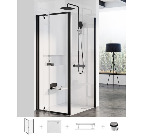 Ravak Pivot PDOP1 + PPS dušo komplektas 5in1, 90x90, juodos spalvos profiliai