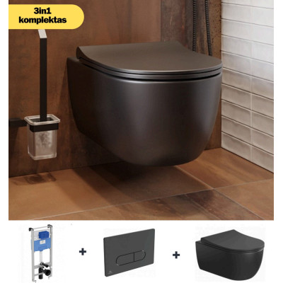 Bocchi V-Tondo pakabinamo klozeto ir Ideal Standard WC rėmo komplektas 3in1, juodos matinės spalvos