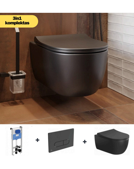Bocchi V-Tondo pakabinamo klozeto ir Ideal Standard WC rėmo komplektas 3in1, juodos matinės spalvos