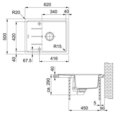 Franke BFG 611 granitinė plautuvė, eksentrinis ventilis, nerūdijančio plieno rankenėlė ir perlaja