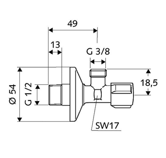Kampinis ventilis Schell  1/2 į 3/8, chromo sp.
