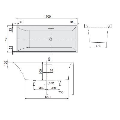 Villeroy&Boch Quaryl Squaro vonia 1700x750 mm su kojelėmis
