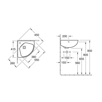Villeroy & Boch O.Novo compact pakabinamas praustuvas,kampinis 415mm