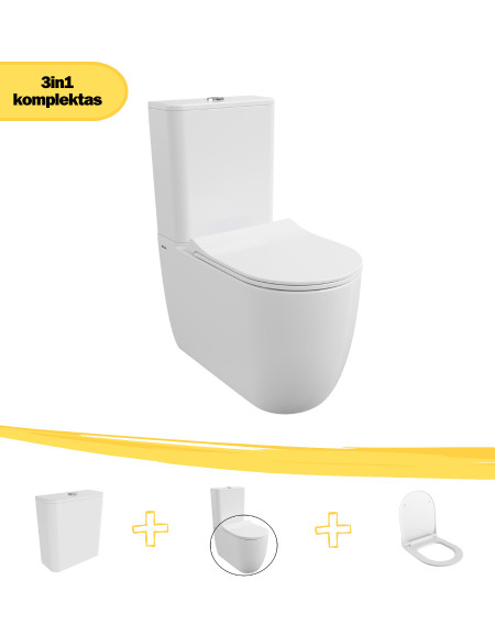 KOMPLEKTAS 3in1 - Bocchi Venezia Rimless pastatomo klozeto puodas su vandens nuleidimo bakeliu ir Soft-Close dangčiu