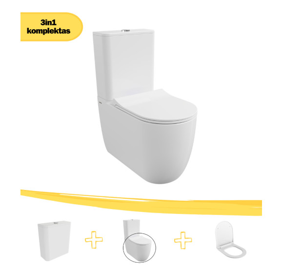 KOMPLEKTAS 3in1 - Bocchi Venezia Rimless pastatomo klozeto puodas su vandens nuleidimo bakeliu ir Soft-Close dangčiu
