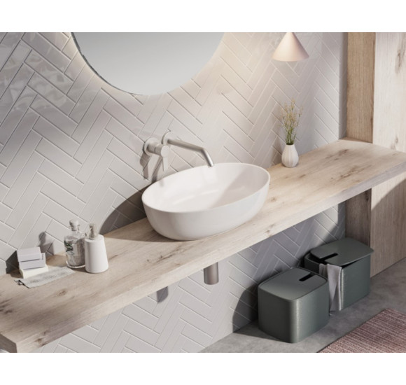 Balteco NEO E Xonyx akmens masės pastatomas praustuvas, 54x38x14cm, baltos matinės spalvos, dugno vožtuvas komplekte