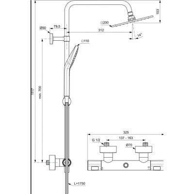 Ideal Standard CERATHERM T100 termostatinė dušo sistema, chromo spalvos
