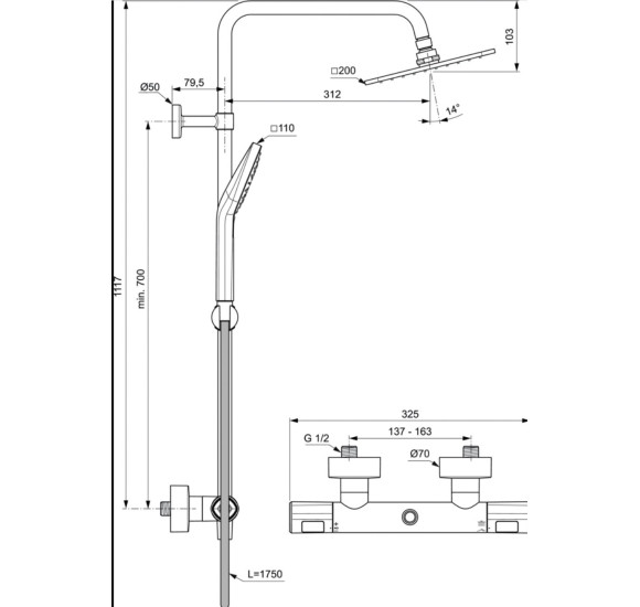 Ideal Standard CERATHERM T100 termostatinė dušo sistema, chromo spalvos
