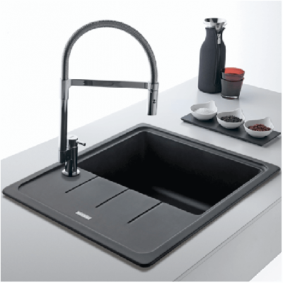 Franke BFG 611-62 granitinė plautuvė, eksentrinis ventilis, nerūdijančio plieno rankenėlė ir perlaja