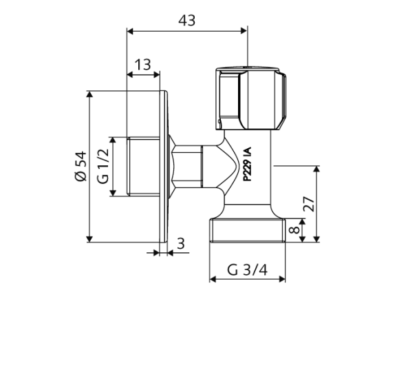 Kampinis ventilis SCHELL ( iš 1/2" į 3/4") taupantis vietą