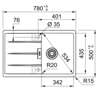 FRANKE CNG 611-78 akmens masės plautuvė, eksentrinis ventilis, nerūdijančio plieno rankenėlė ir perlaja
