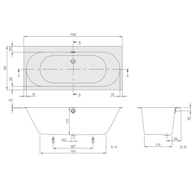 Villeroy & Boch Quaryl Oberon stačiakampė vonia 2.0 170x75cm, su kojelėmis ir sifonu