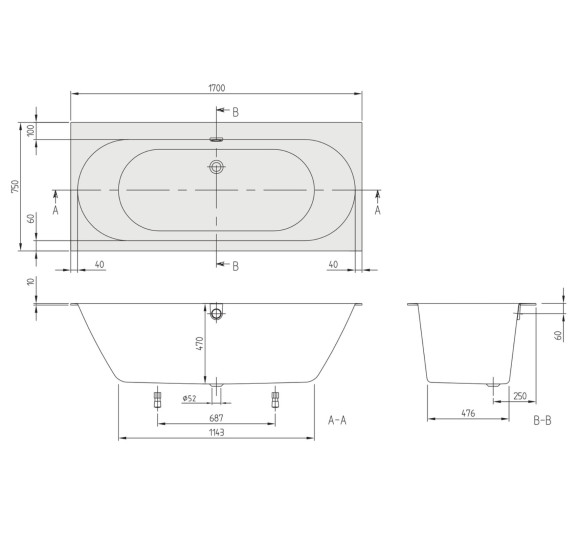 Villeroy & Boch Quaryl Oberon stačiakampė vonia 2.0 170x75cm, su kojelėmis ir sifonu