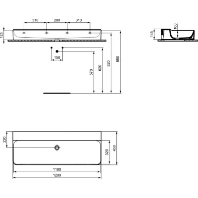 Ideal standard Conca 120x45cm praustuvas be skylės maišytuvui