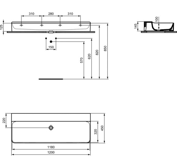 Ideal standard Conca 120x45cm praustuvas be skylės maišytuvui