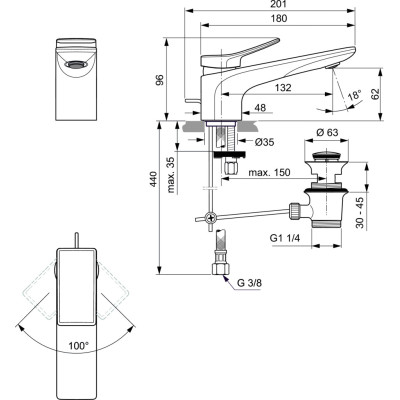 Ideal Standard Conca BC755 praustuvo maišytuvas su dugno vožtuvu, PVD spalvos