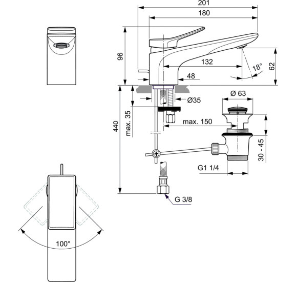 Ideal Standard Conca BC755 praustuvo maišytuvas su dugno vožtuvu, PVD spalvos