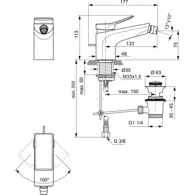 Ideal Standard Conca bide maišytuvas su dugno vožtuvu, PVD spalvos