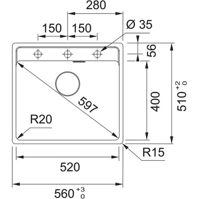 Franke MRG 610-52 A plautuvė, montuojama ant stalviršio, eksentrinis ventilis, nerūdijančio plieno mygtukas ir perlaja