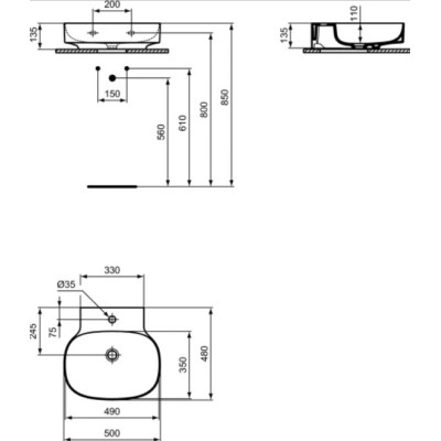 Ideal Standard Linda-X praustuvas 50 cm (500 x 480 x 135), šlifuota apačia, balta