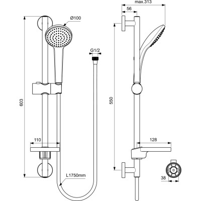 Ideal Standard universalus dušo komplektas, 600 mm, Metal žarna 1750mm, B9412AA