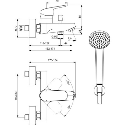 Ideal Standard CERAFLEX  vonios/dušo maišytuvas su dušo galvutės komplektu, B1722AA