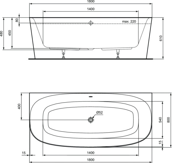 Ideal Standard Dea prie sienos statoma vonia (balta matinė/juoda apdaila), T9940V3