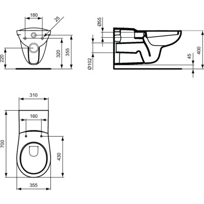 Ideal Standard Contour 21 pakabinamas wc, 70 cm