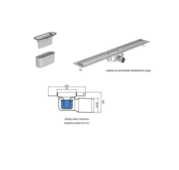 ACO ShowerDrain C latakas, su nerūdijančiojo plieno trapu, aukštis 65mm