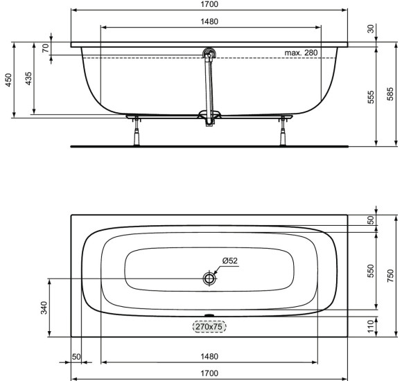Ideal Standard i.life stačiakampė dvipusė vonia, 180x80 cm
