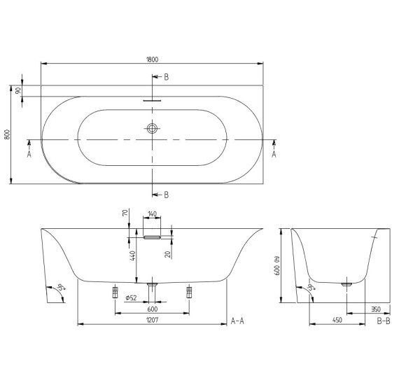 Villeroy & Boch vonia Loop & Friends 180x80 cm, kairinė, pasirenkama spalva
