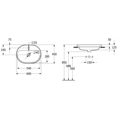 Villeroy & Boch Architectura įleidžiamas praustuvas, 60 cm, su persipylimu