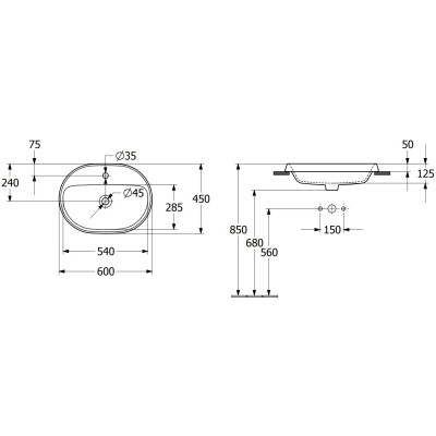 Villeroy & Boch Architectura įleidžiamas praustuvas, 60 cm, be persipylimo