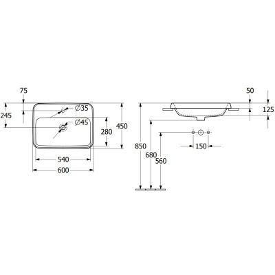 Villeroy & Boch Architectura stačiakampis įleidžiamas praustuvas, 60 cm, be persipylimo