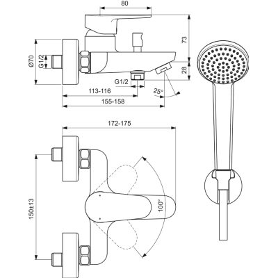 Ideal Standard BC706AA vonios maišytuvas su dušelio komplektu, chromo sp.