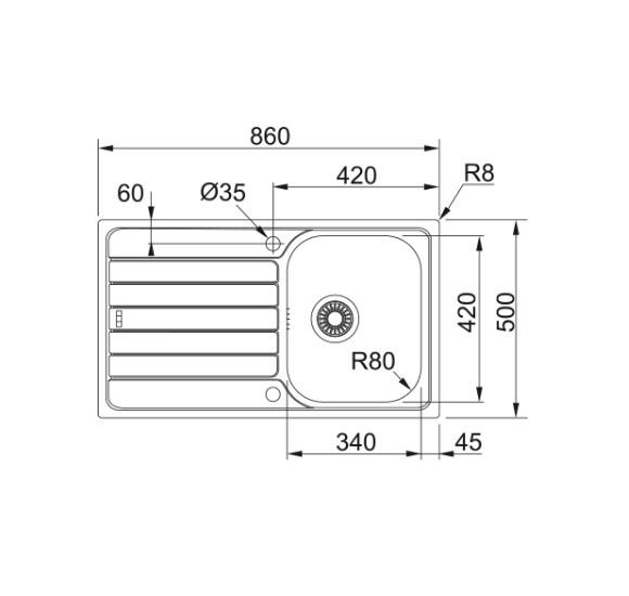 Franke SKX 611-86 nerūdijančio plieno plautuvė, ekscentrinis ventilis