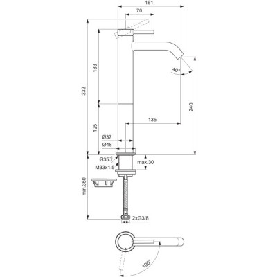 Ideal Standard CERALINE Nuovo H240 maišytuvas praustuvui be dugno vožtuvo, BlueStart