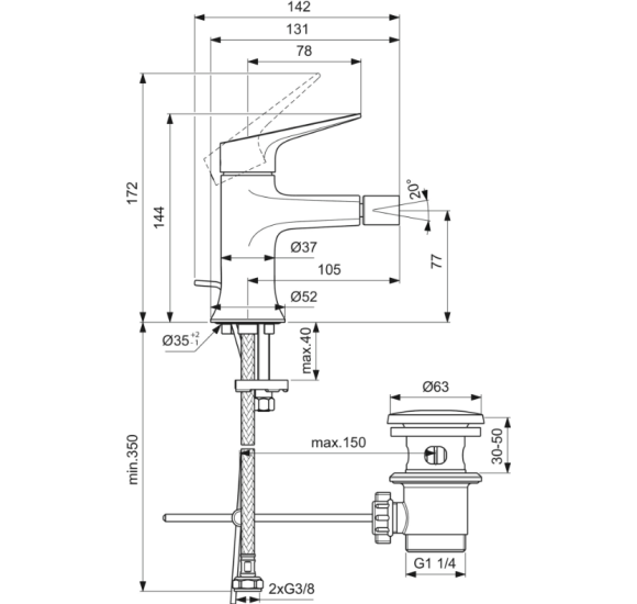 Ideal Standard La Dolce Vita bide maišytuvas su dugno vožtuvu BD664AA, pasirinkite spalvą