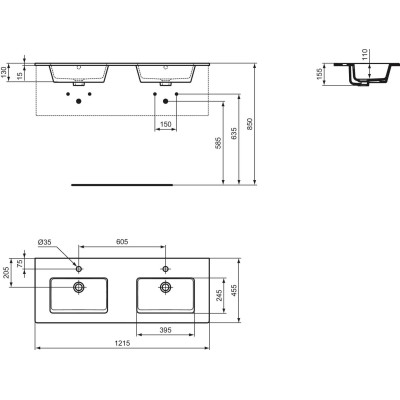 Ideal Standard Eurovit dvigubas montuojamas praustuvas 122 cm, su persipylimo anga, baltos blizgios spalvos