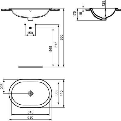 Ideal Standard CONNECT į stalviršį įleidžiamas praustuvas, 62 cm, be skylės maišytuvui, baltos blizgios spalvos