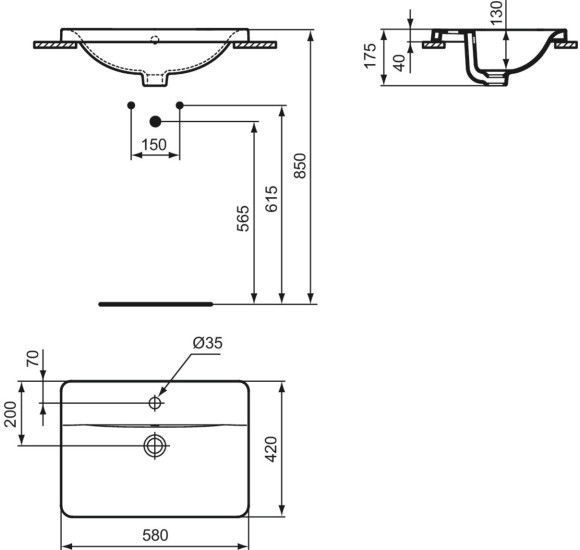Ideal Standard CONNECT į stalviršį įleidžiamas praustuvas, 58 cm, su skyle maišytuvui, baltos blizgios spalvos