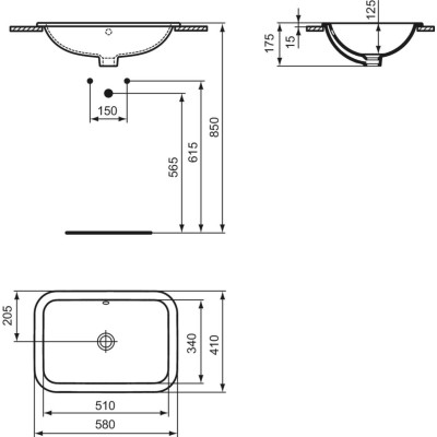 Ideal Standard CONNECT į stalviršį įleidžiamas praustuvas, 58 cm, be skylės maišytuvui, baltos blizgios spalvos