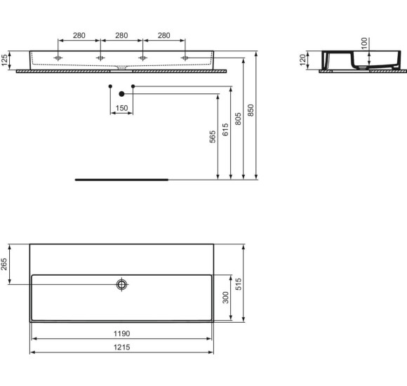 Ideal Standard Solos Vanity Basin pakabinamas praustuvas 1215x515x120 mm, be skylės maišytuvui, pasirinkite spalvą