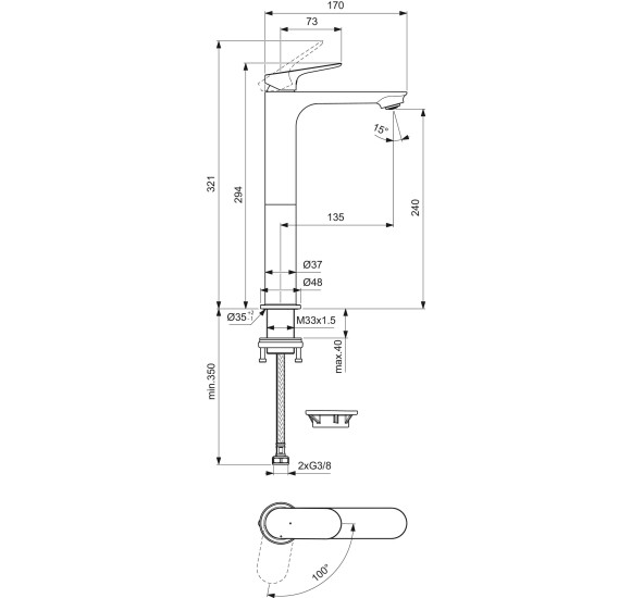 Ideal Standard Ceralife O H240 BlueStart aukštas maišytuvas praustuvui, be dugno vožtuvo, pasirinkite spalvą