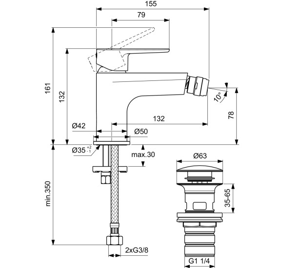 Ideal Standard Cerafine O bide maišytuvas su Click-Clack dugno vožtuvu, pasirinkite spalvą