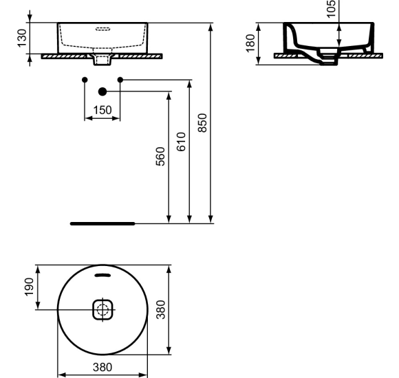 Ideal Standard Strada II baldinis apvalus praustuvas voniai 38 cm, baltos blizgios spalvos