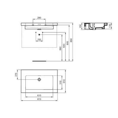 Ideal Standard Extra praustuvas 81 cm, be skylės maišytuvui, su perpildymo anga