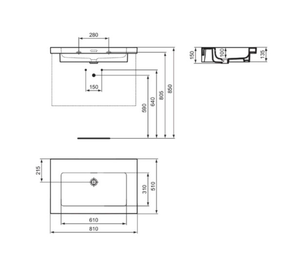 Ideal Standard Extra praustuvas 81 cm, be skylės maišytuvui, su perpildymo anga